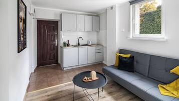 Deluxe Apartment, Garden View | Private kitchenette | Fridge, stovetop, coffee/tea maker, electric kettle