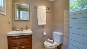 Une salle de bain moderne avec un meuble-lavabo en bois, des toilettes et un miroir.
