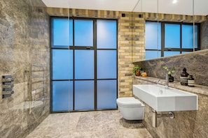 A modern bathroom with a large glass door, a white sink, and a toilet.