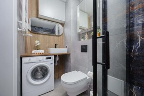 Ducha, secador de pelo, toallas, shampoo