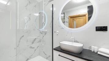 Shower, hair dryer, shampoo