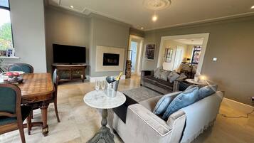 Smart TV, fireplace, stereo, computer monitors