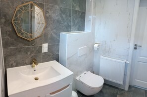 Hair dryer, towels, soap, toilet paper