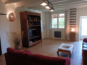 TV, DVD player, books, video library