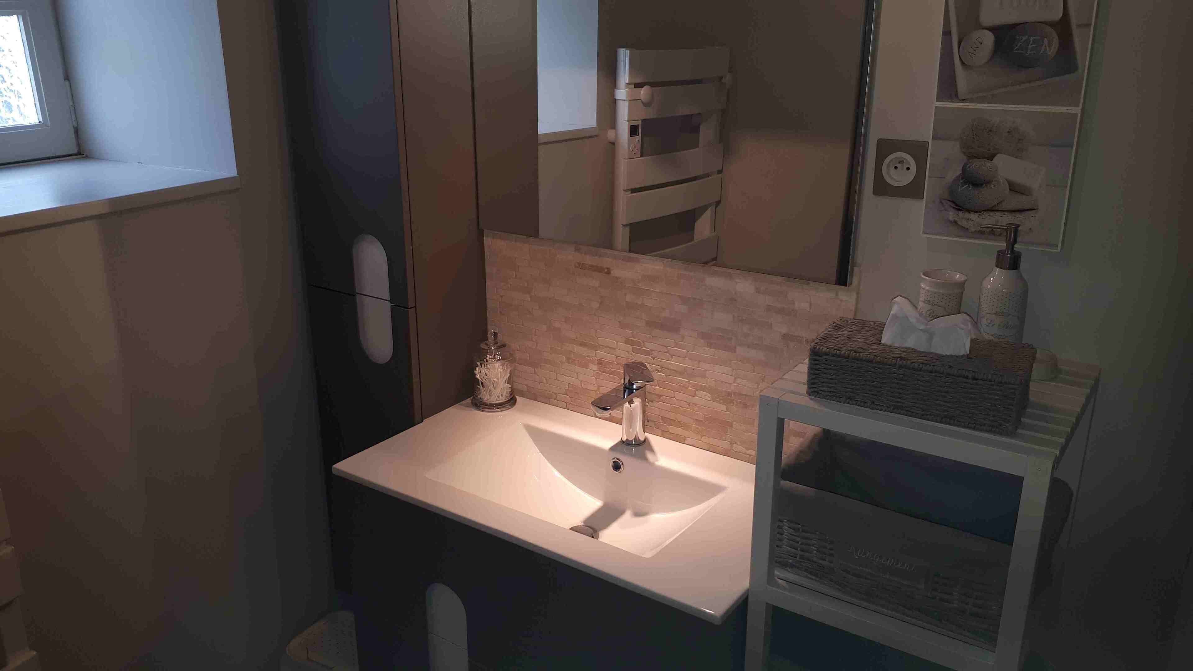 Une salle de bain avec un lavabo blanc, un miroir et une petite étagère contenant des articles de toilette.