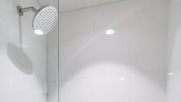 Shower, hair dryer, shampoo
