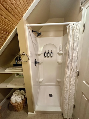 Dusche, Haartrockner, Handtücher, Seife