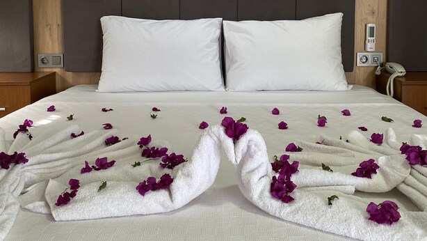 A hotel room with a bed, white pillows, a wall-mounted air conditioner, a decorative wall piece, and a bedside telephone. - Aristo2 Butik Otel (Didim)