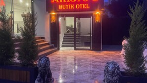 The exterior of Aristo 2 Butik Hotel with a prominent entrance, a staircase leading to the lobby, and two lion statues at the entrance. - Aristo2 Butik Otel (Didim)