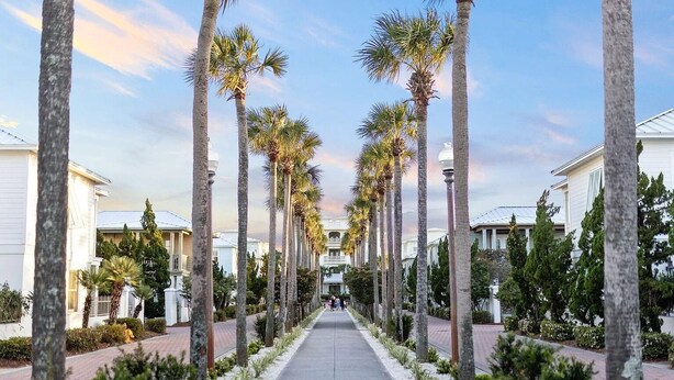 A pathway lined with tall palm trees and white buildings, leading to a central area with a clear sky.