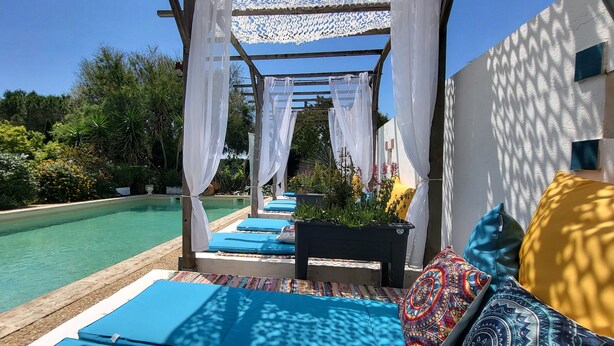 Ein Poolbereich mit einer Pergola, blauen Liegestühlen und einer Kübelpflanze.