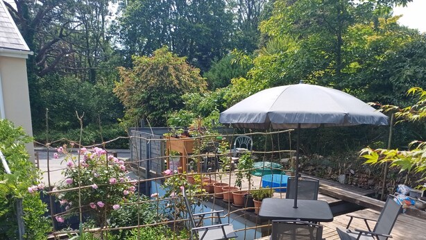 A wooden deck with a table and chairs, surrounded by potted plants and a small garden. - 3 Room Bedsit Flat in Nat. Reserve. Pet friendly. Free return Eden taxi B4 9pm. (Par)