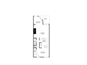 A floor plan with a balcony, dining room, fireplace, living room, kitchen, half bath, under-stairs closet, and family room.