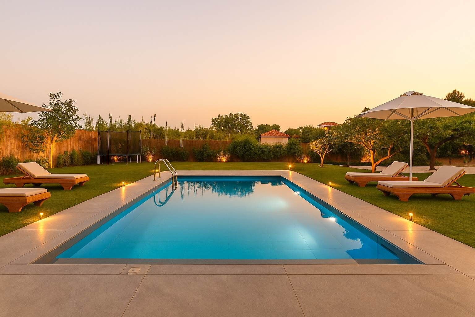 A rectangular swimming pool with a clear blue water surface, surrounded by a paved deck. There are lounge chairs with white cushions and wooden frames on both sides of the pool.