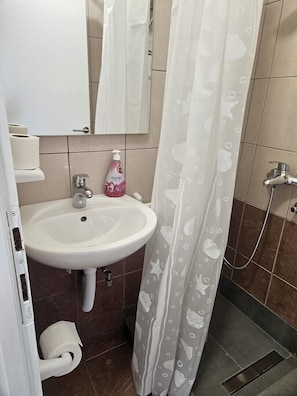 Une salle de bain avec un lavabo blanc, un miroir, un porte-rouleau de papier toilette, un rideau de douche à motifs et une pomme de douche.