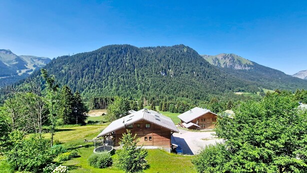 A wooden cabin with a sloped roof, surrounded by lush greenery and mountains in the background. - Champs Fleuris CFS7 COSY & VIEW 3 Pers. (Châtel)