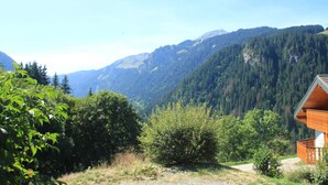 A mountain cabin with a wooden deck and a view of the surrounding forest and mountains. - Corina CN11 QUIET & MOUNTAIN 4 Pers. (Châtel)