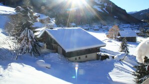 A snow-covered mountain village with traditional wooden houses, a clear sky, and a bright sun. - Forsythia FA29 FAMILY 1& NATURE 8 Pers. (Châtel)