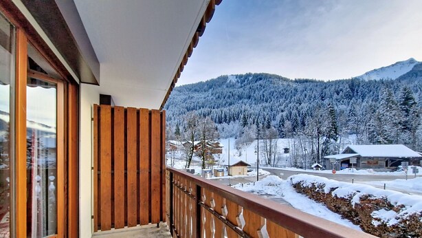 A balcony with a wooden railing overlooking a snowy landscape with trees and a mountain in the background. - Orchidée OD8 NATURE & TELECABINE 4 pers. (Châtel)