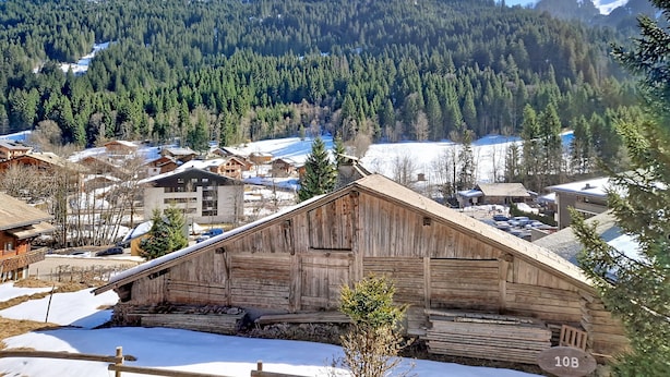 Eine Holzhütte mit geneigtem Dach, umgeben von verschneitem Gelände und einem bewaldeten Berg im Hintergrund.