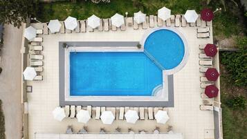 Outdoor pool, pool umbrellas, pool loungers
