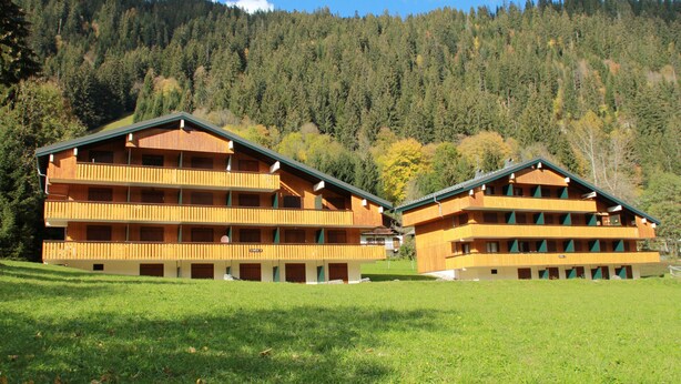 Two wooden buildings with balconies, set in a grassy field with a forested mountain in the background.