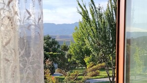 A window with a view of a landscaped garden, a paved area, and distant mountains.