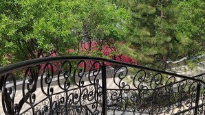 A spiral staircase with a metal railing leading to a terrace overlooking a river and green hills.