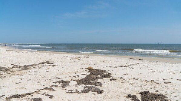 Une plage de sable où l’on trouve quelques algues et où les vagues de l’océan sont douces.