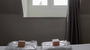 Une pièce dotée d’une fenêtre de toit, de deux coussins ornés de motifs en bois et offrant une vue sur un bâtiment à l’extérieur.
