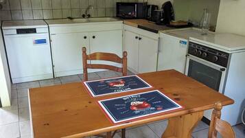 Een microgolfoven, een oven, een kookplaat, een vaatwasser