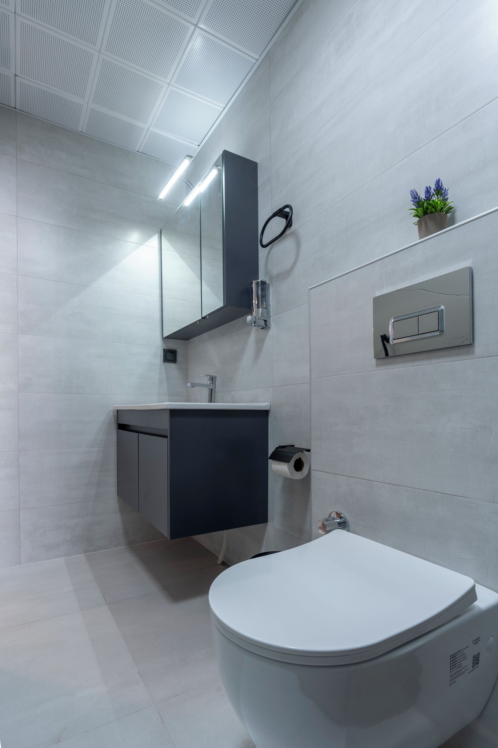 Une salle de bain moderne équipée de toilettes, d’un lavabo et d’un miroir.