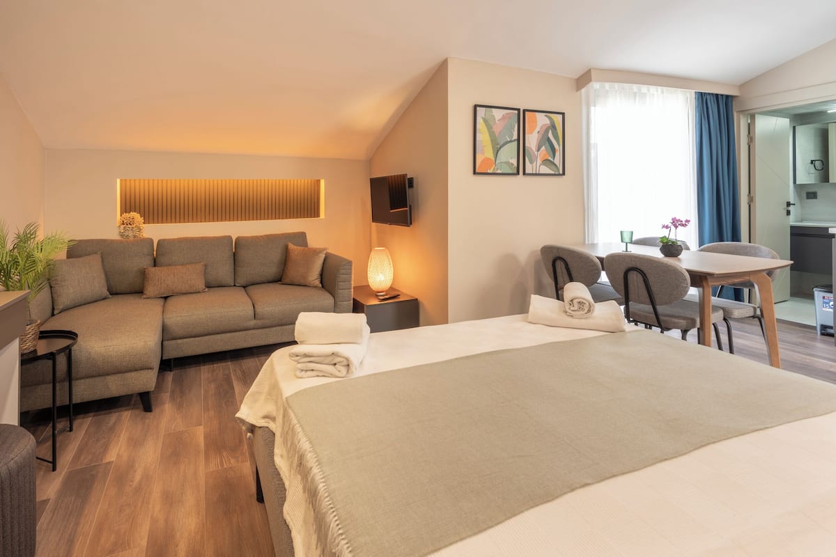 A hotel room with a bed, a sofa, a desk, and a chair. There is a lamp on the desk and a plant on the sofa.