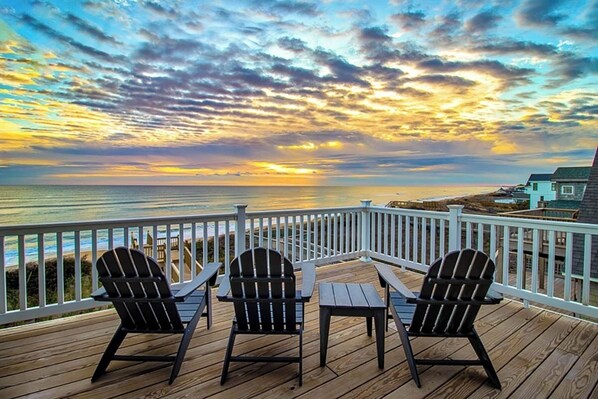 Terrace/patio - Duck oceanfront home with theater room and elevator, steps from the beach! (Duck)