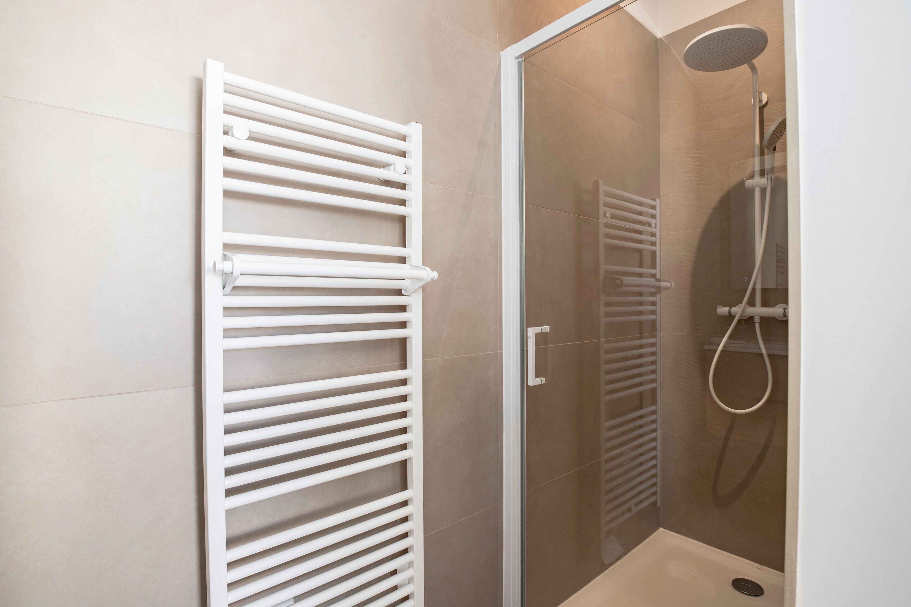 Ducha con puerta de cristal, toallero blanco y cabezal de ducha de mano.