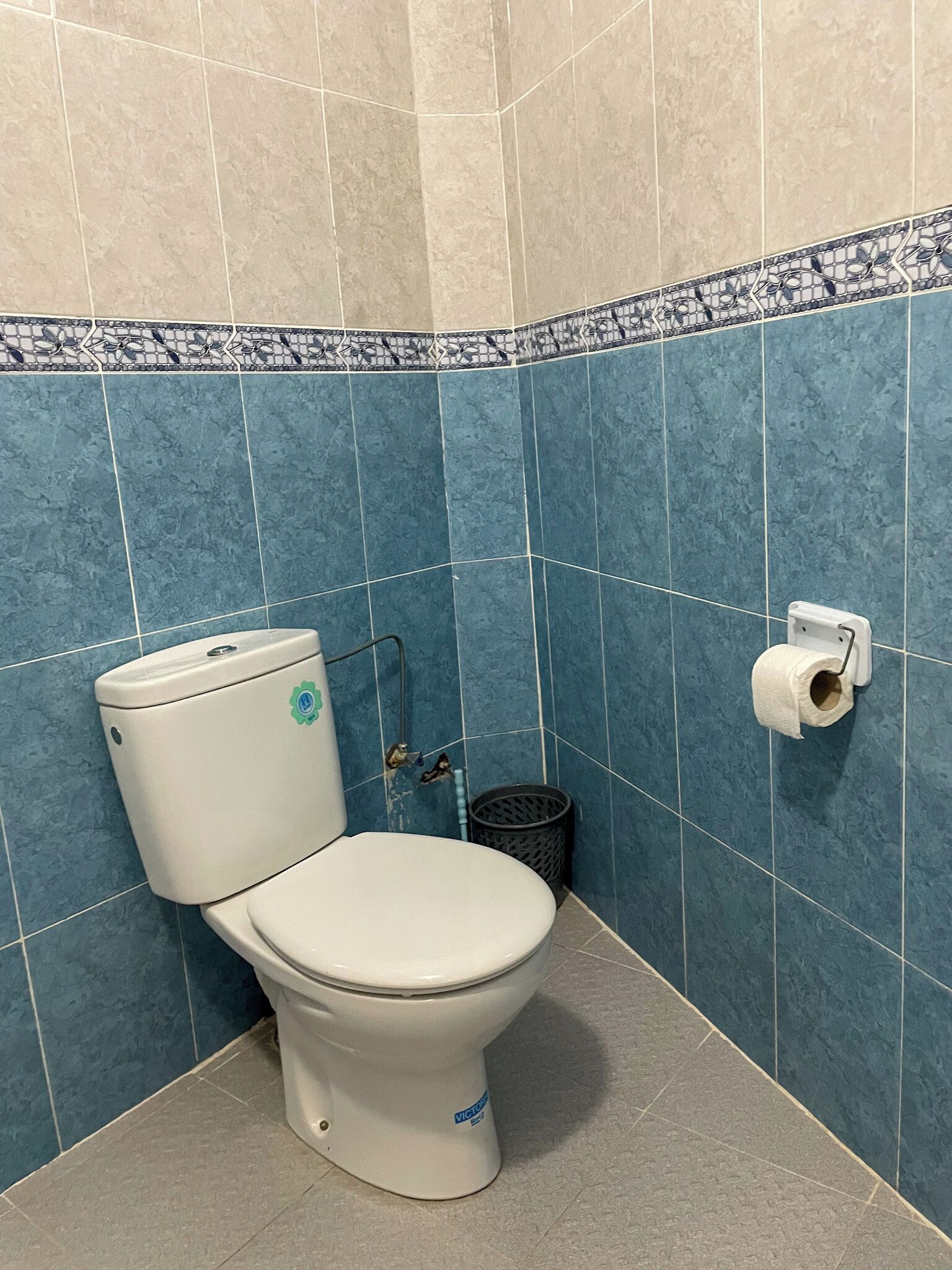 A bathroom with a toilet, a trash bin, and a toilet paper holder on the wall.