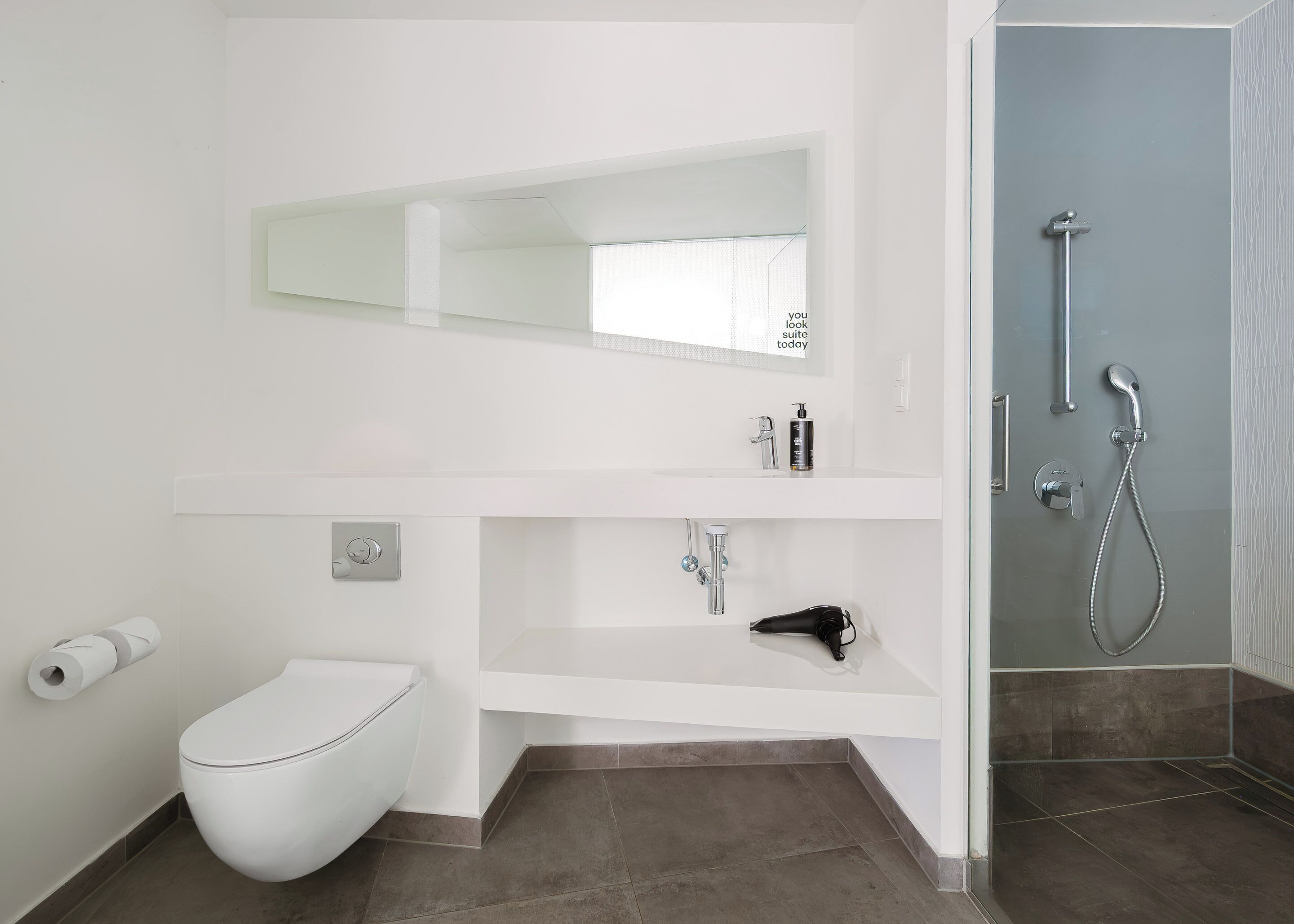 A modern bathroom with a toilet, a sink with a mirror, and a shower area.