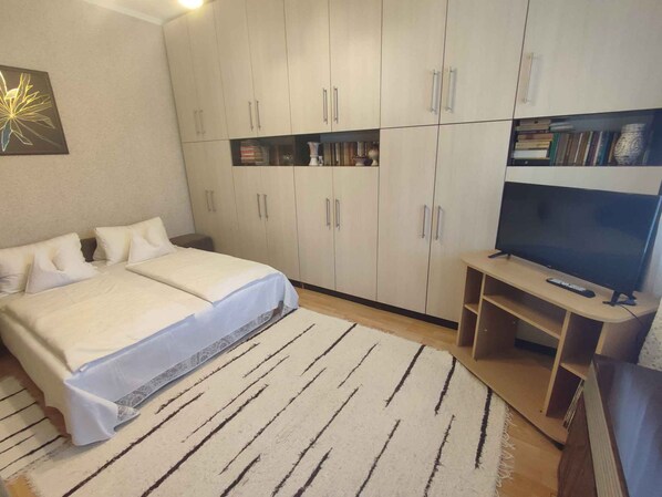 A bedroom with a bed, a TV, and a bookshelf.