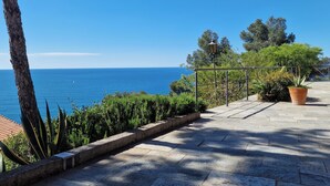 Un chemin pavé bordé d’une rambarde, un pot de fleurs et une vue sur la mer.