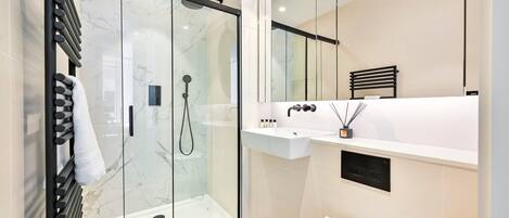 Shower, hair dryer, towels