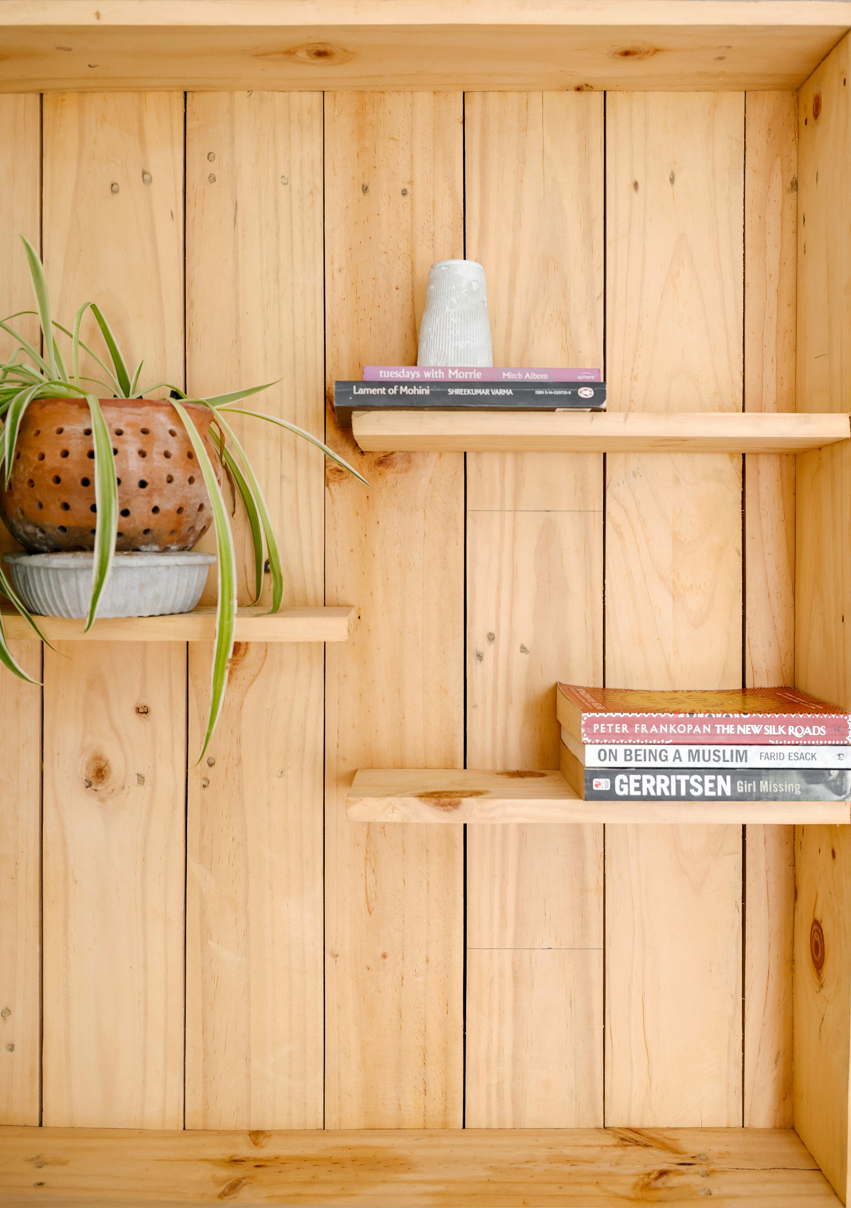 A wooden shelf with a potted plant, a rolled-up towel, and a stack of books.
