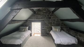 A bedroom with two beds, a stone wall, and a skylight.