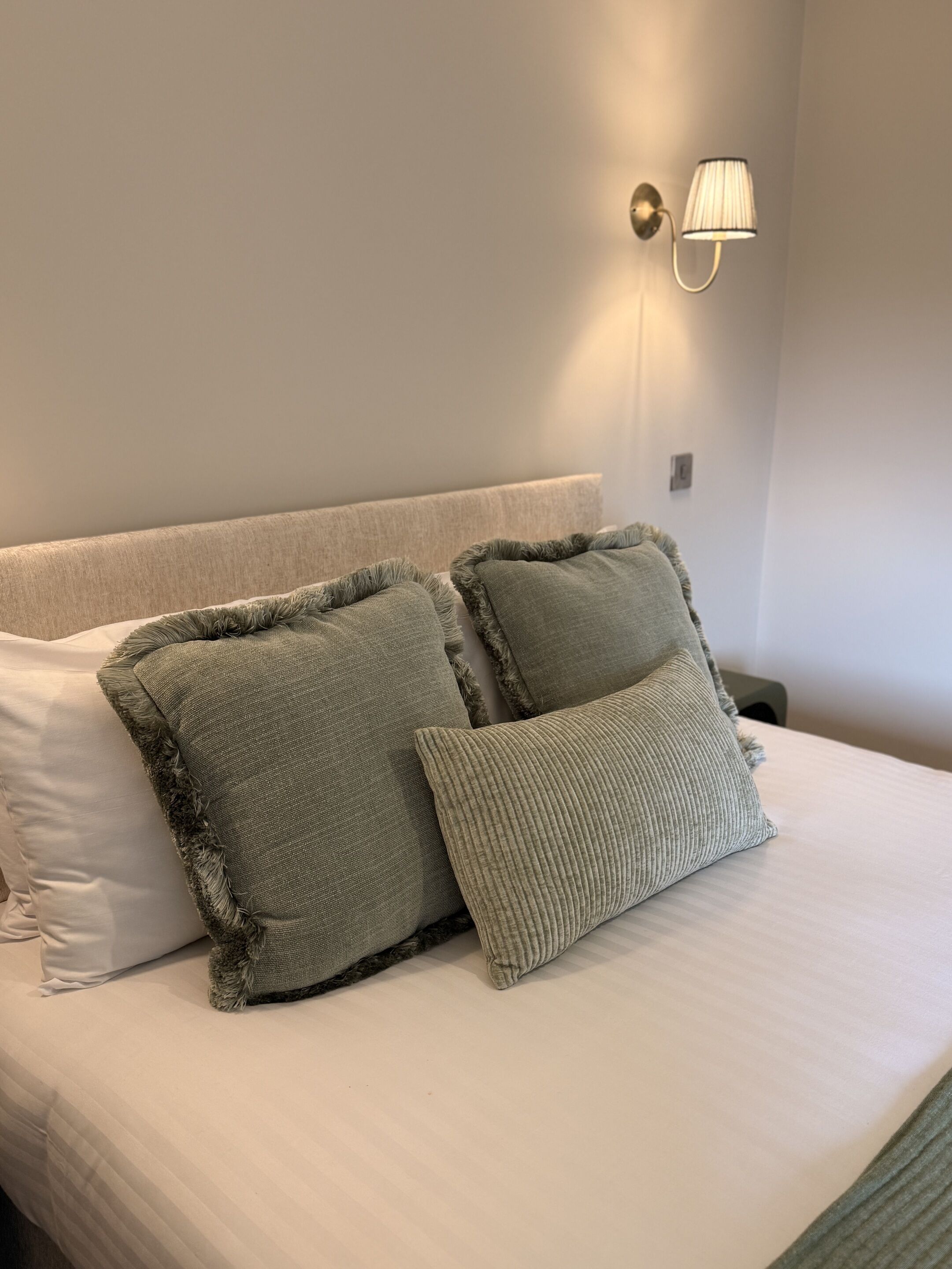 Una cama con cabecera, dos almohadas y una lámpara fijada a la pared.