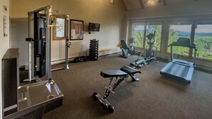 Et fitnesscenter med træningsmaskiner, vægte og et stort vindue med udsigt.