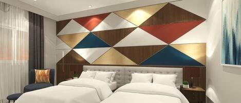 A modern hotel room with a large bed, two bedside tables, a headboard with geometric patterns, and a large window with curtains.