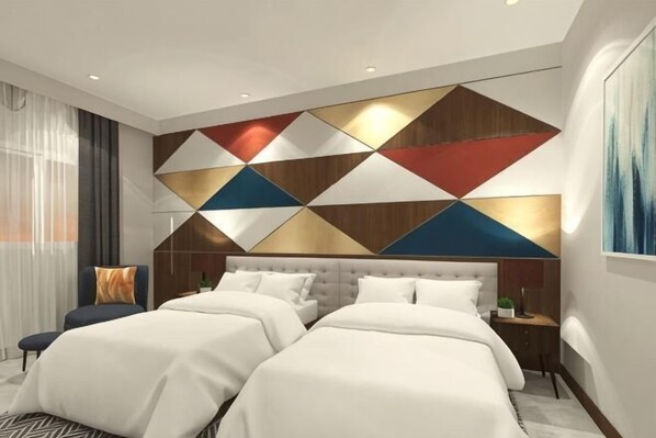 A modern hotel room with a large bed, two bedside tables, a headboard with geometric patterns, and a large window with curtains. - Summit Hotel Naga (Naga)