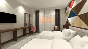 A modern hotel room with a large bed, a desk, a chair, a TV, and a decorative wall panel.