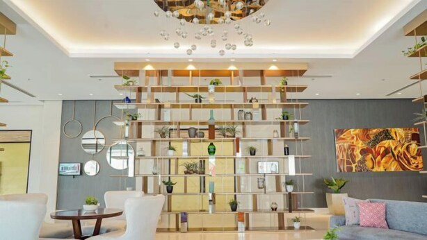 A modern living room with a central shelving unit, a sofa, a coffee table, and a chandelier.