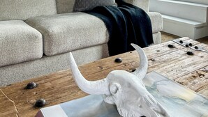 Ein Wohnzimmer mit einer Couch, einer Lampe, einem Couchtisch mit Schädelverzierung und Blick ins Freie durch große Fenster.