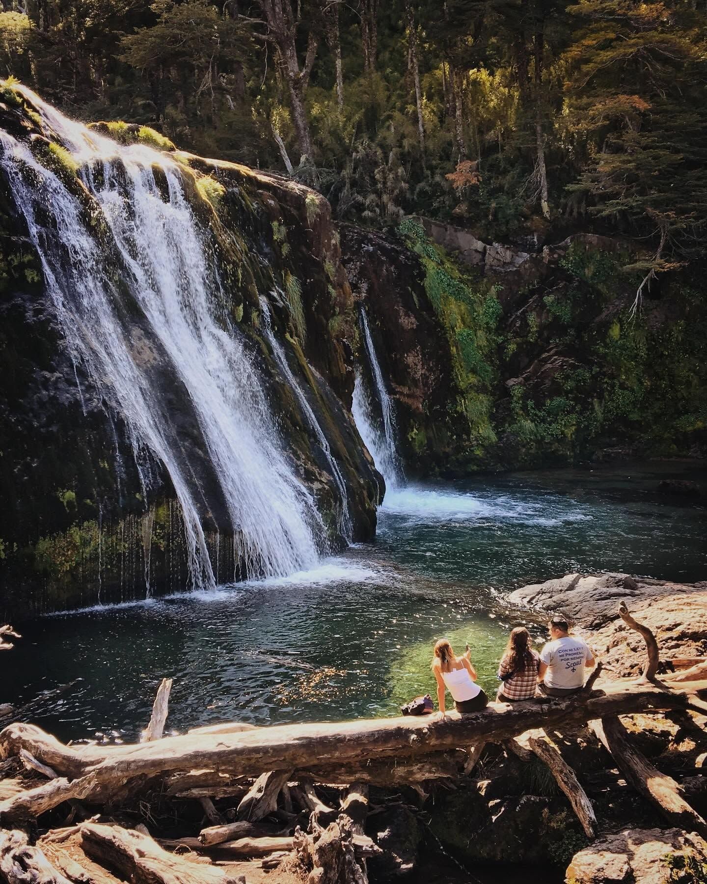 Une cascade se jetant dans une rivière, le tout étant entouré d’une forêt dense.